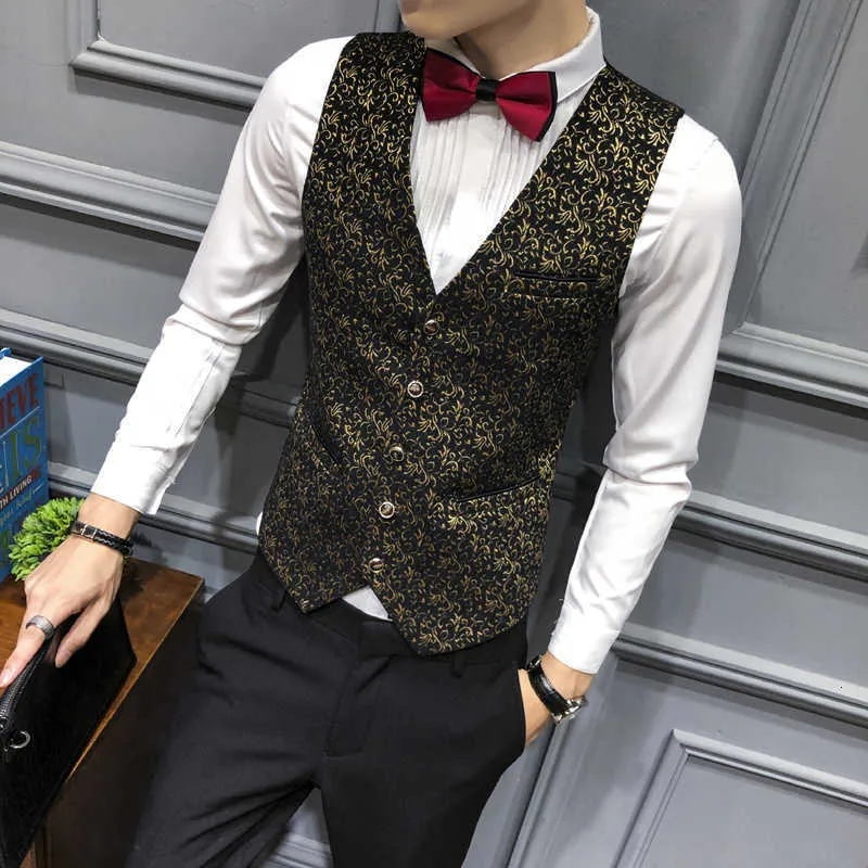 Moda męska Gilet Homme Formalne Złoto Kwiatowe Drukowanie Sukienka Kamizelki Dla Mężczyzn Wedding Waistcoat Garnitur Chalecos Para Hombre 210527