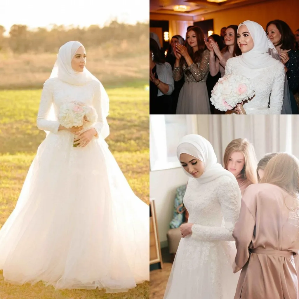 Saudiarabisk muslim Vintage A-Line Plus Storlek Bröllopsklänningar Lace Applique Sweep Train Tulle Långärmad Bröllopklänningar Vestido de Novia