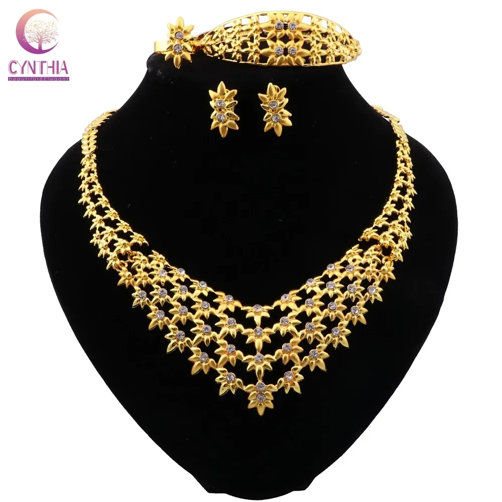 Dubai elegante conjuntos de joias de noiva colar de cristal de ouro para mulheres africano pulseira de casamento brincos anéis conjunto de joias