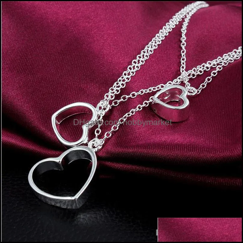 Fashion silver Trendy 3 layers love heart or pendant Necklace for Women Jewelry Gift Jewelry 925 Silver 3 layer chain 3 heart Necklace