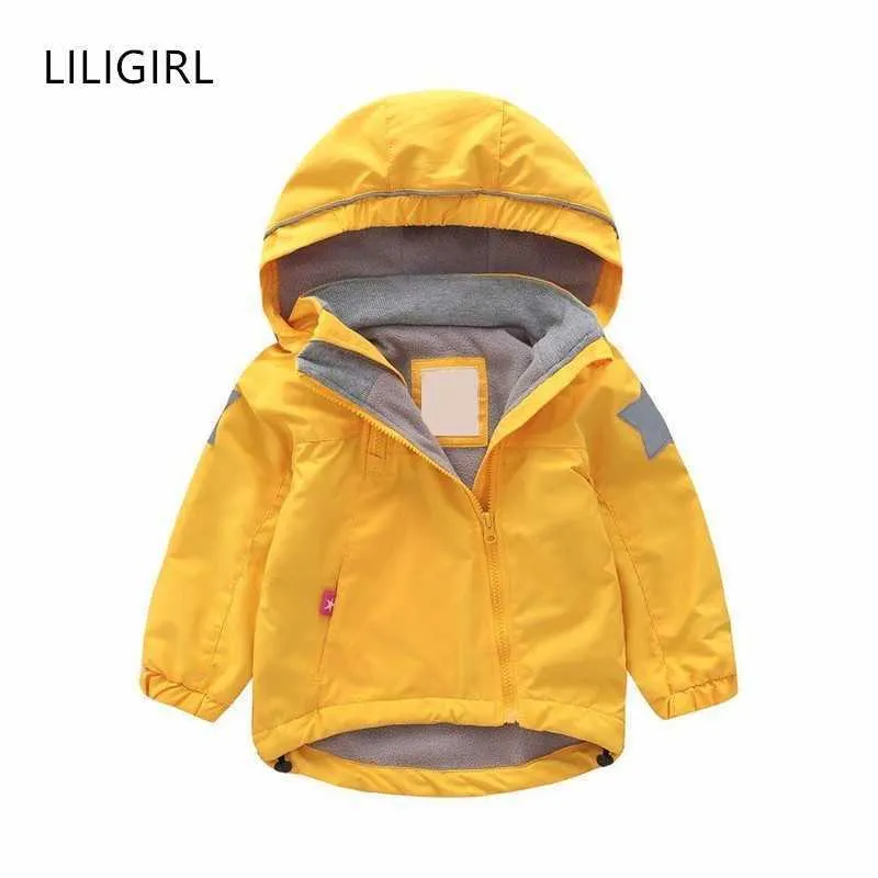 LILIGIRL Oblique Zipper Baby Kids Jacket Fleece Lining Girls Jackets Stars Hooded Boys Coat Autumn Trench Children Windbreaker H0909