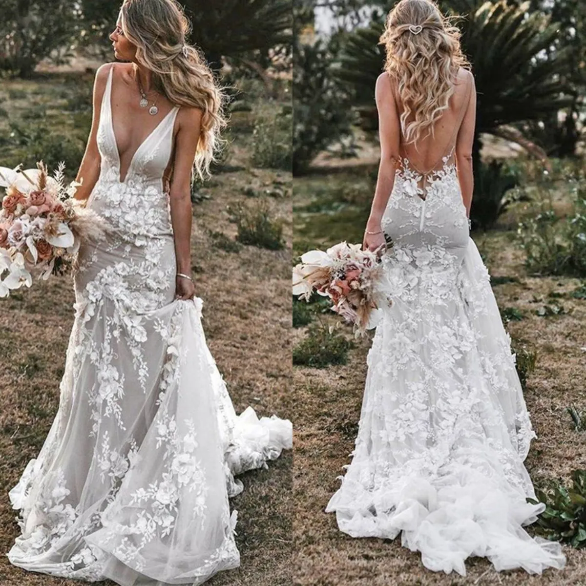 Vintage Fildişi Mermaid Gelinlik 2022 V Yaka Backless Gelin Elbise Dantel Aplikler 3D Çiçekler Ülke Gelin Törenlerinde Artı Boyutu Custom Made Uzun Vestidos