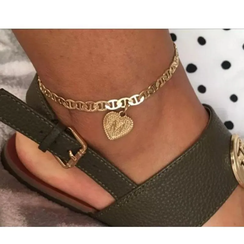 Anklets Delikat hjärtinitieringar för kvinnors ankelarmband guldpläterade zirkonbrev strandtillbehör boho smycken gåvor