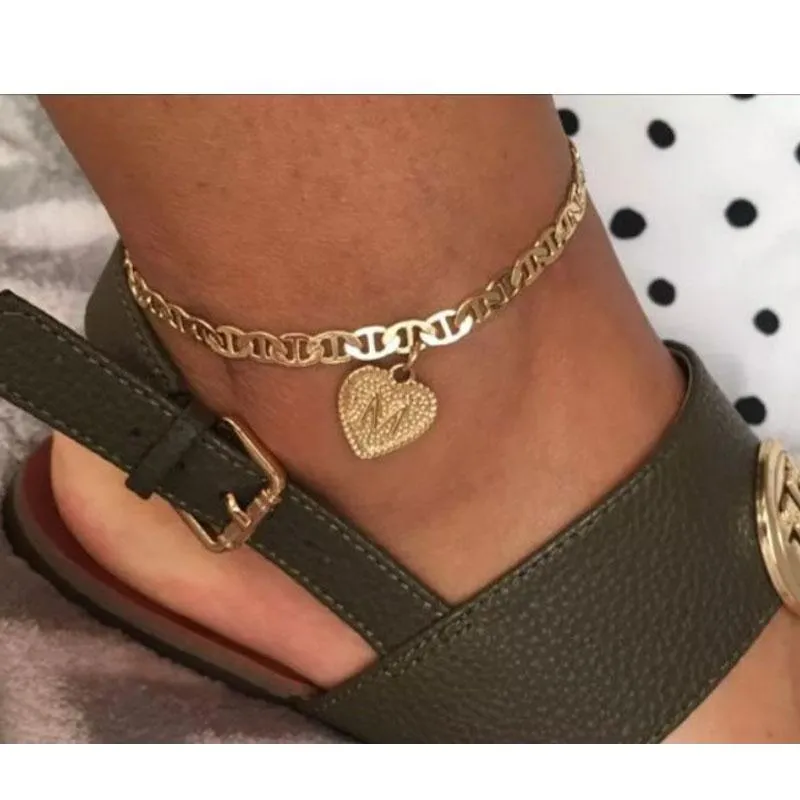 Cavigliere Delicate iniziali del cuore per le donne Bracciale alla caviglia Placcato oro Zircone Lettera Accessori da spiaggia Gioielli Boho Regali