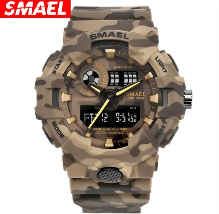 Heiße Verkäufe SMAEL SL8001 Herren-Militär-Tarnuhr, Dual-Display, Sport, lässig, im Freien, wasserdicht, leuchtende Studenten-Camouflage-Armbanduhr