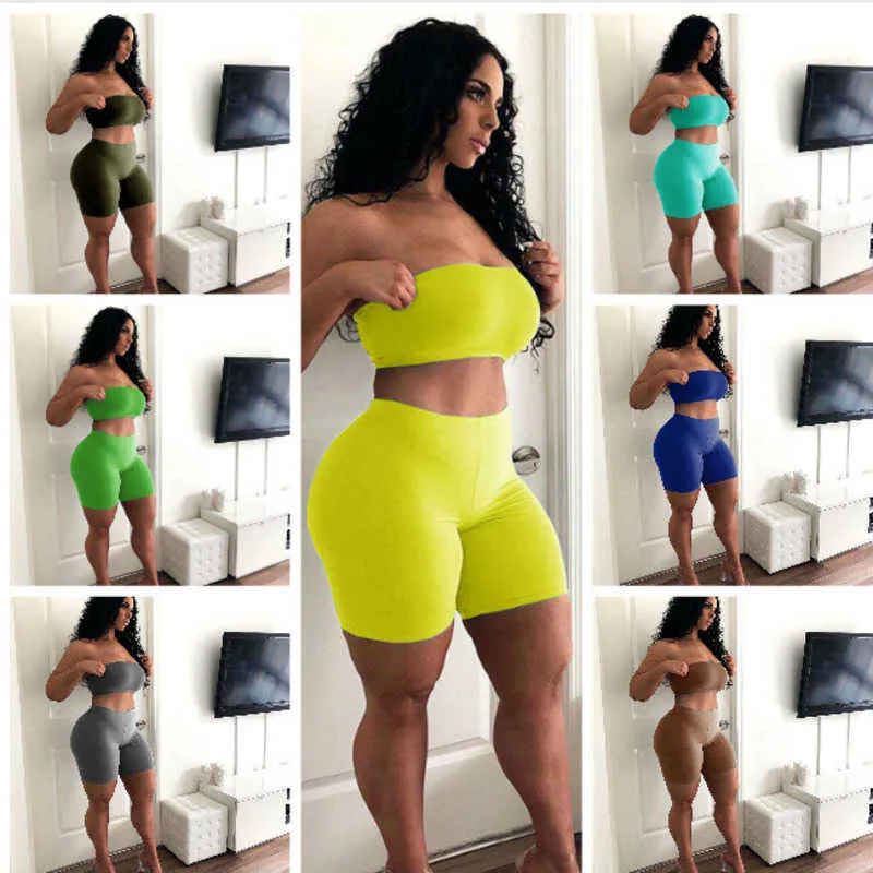 Women Tracksuits Two Piece Pants Short Set Tight Sexy Strapless Top Small Bra Shorts Leisure Sports High Elasticity Outfits