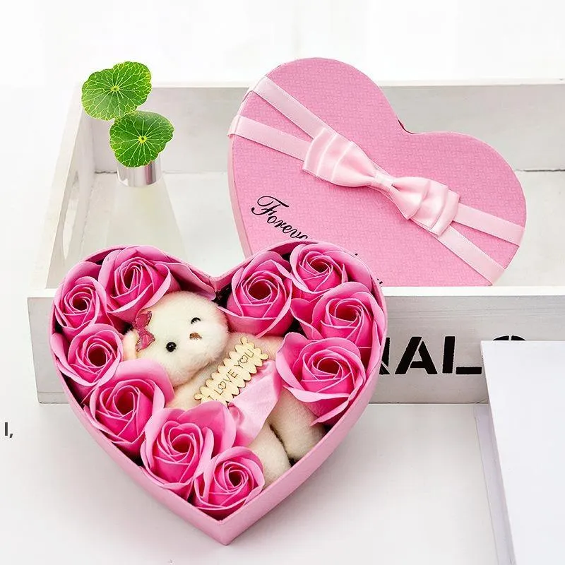 Novo 2020 Dia dos Namorados Flores Flores Sabonet Flower Caixa Rosa Bear Bouquet Decoração Do Casamento Presente Festival Heart-shaped Box RRE12015