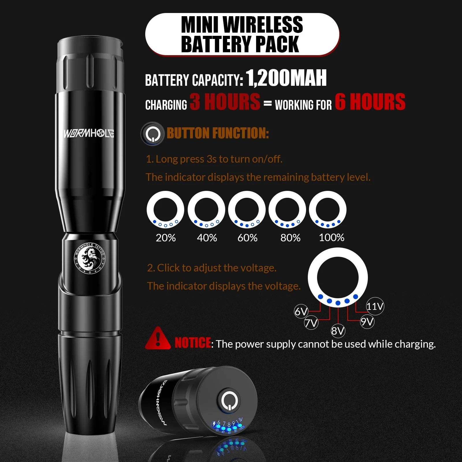 PROFESSIONAL Wormhole Wireless Tattoo Machine Kit Rotary Pen