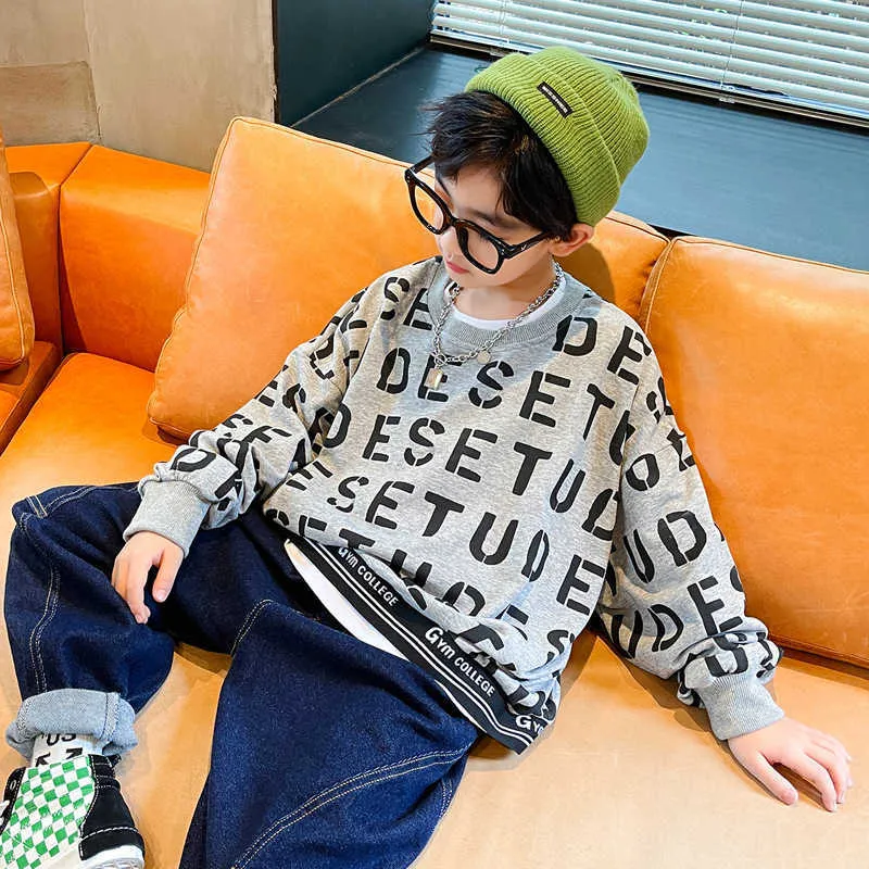 Fashion Spring Fall Kids Boy Sweatshirt Children Long Sleeve T-shirts Tops Korean Children Lettet Print Pullover 4 8 12 14 Years G0908