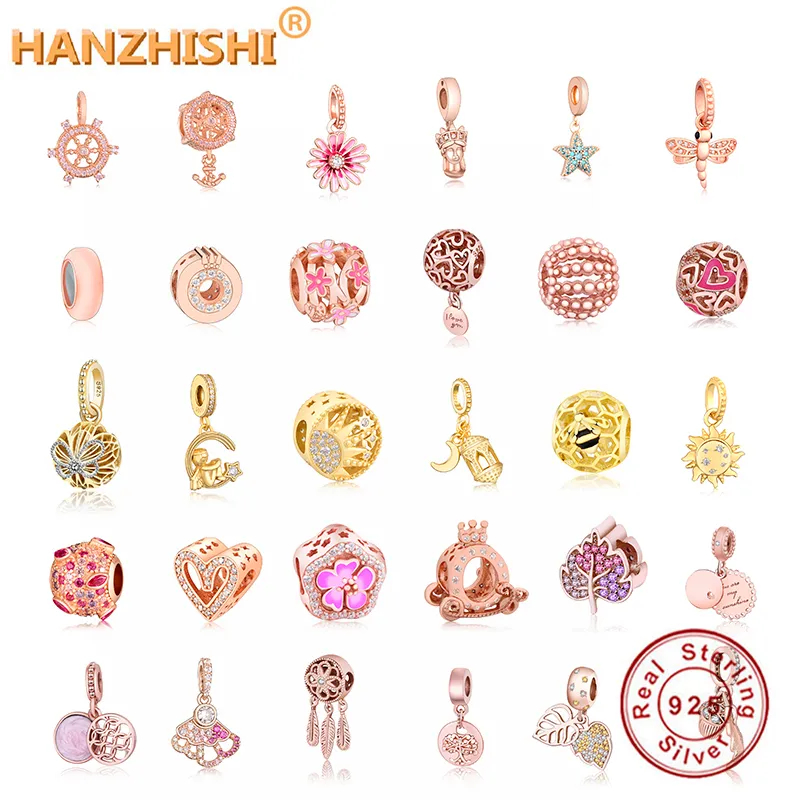 2021 Spring Collection Nowy 925 Sterling Silver Rose Gold Color Charms Koraliki Fit Oryginalne Europejskie Bransoletki Naszyjnik DIY Biżuteria Q0531