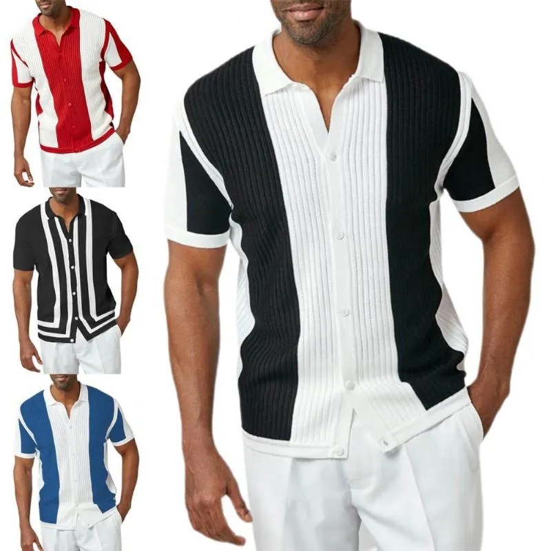 Hommes chemises décontractées hommes chemise 2021 été Vintage col rabattu Patchwork boutons côtes manches courtes respirant tricoté Streetwear