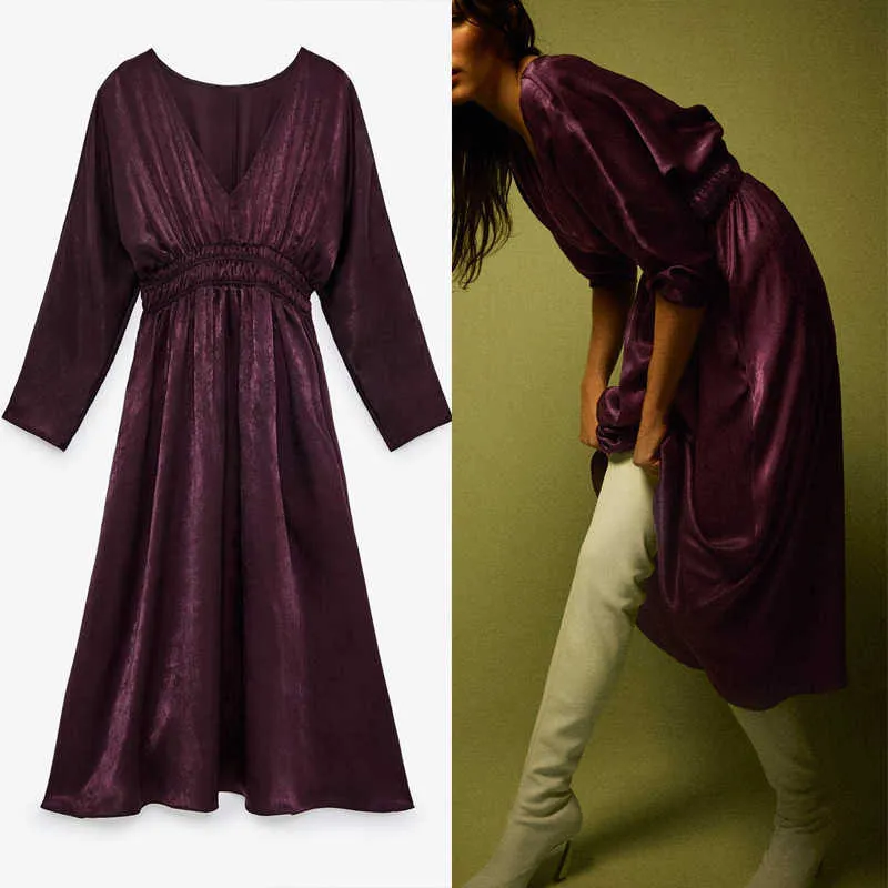Za Satin Purple Long Sukienka Kobiety V-Neck Z Długim Rękawem Elegancki Office Dress Fashion Elastyczna Talia Boczne kieszenie MIDI Sukienki 210602