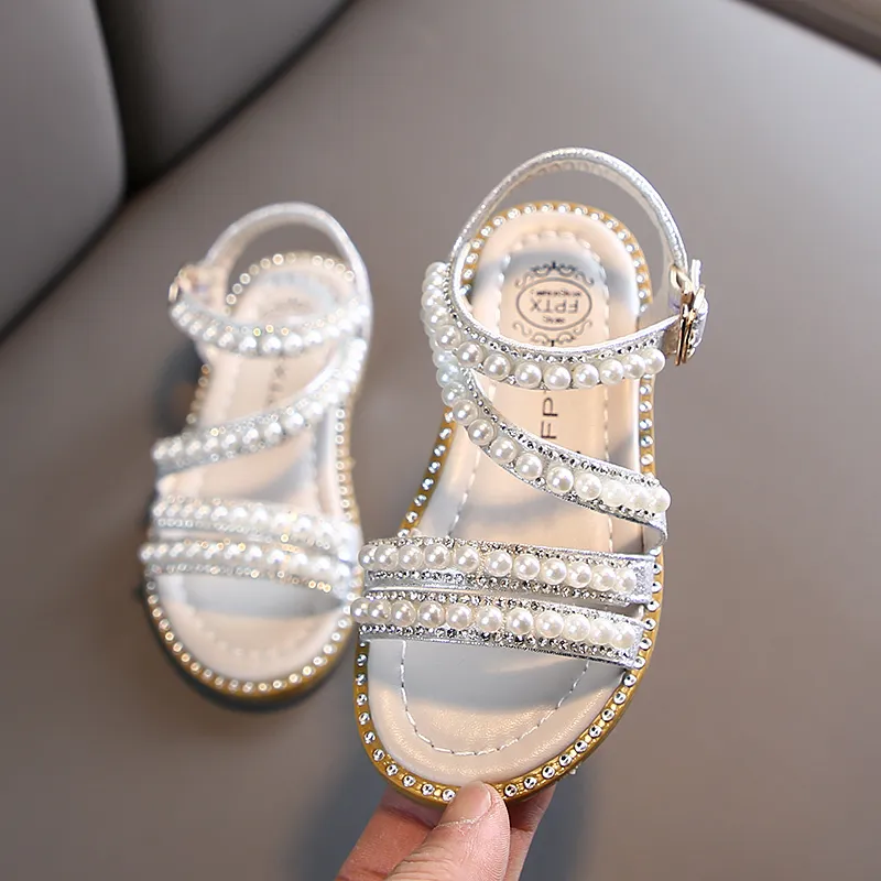 Sommar baby flickor sandaler toddler spädbarn barn glida på pärla kristall singel prinsessa romerska skor för barn flicka 210226