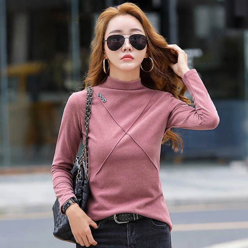 shintimes Autumn Winter T Shirt Women Long Sleeve T-Shirt Button Patchwork Half Turtleneck Slim Tshirt Womens Tops Clothes 210615