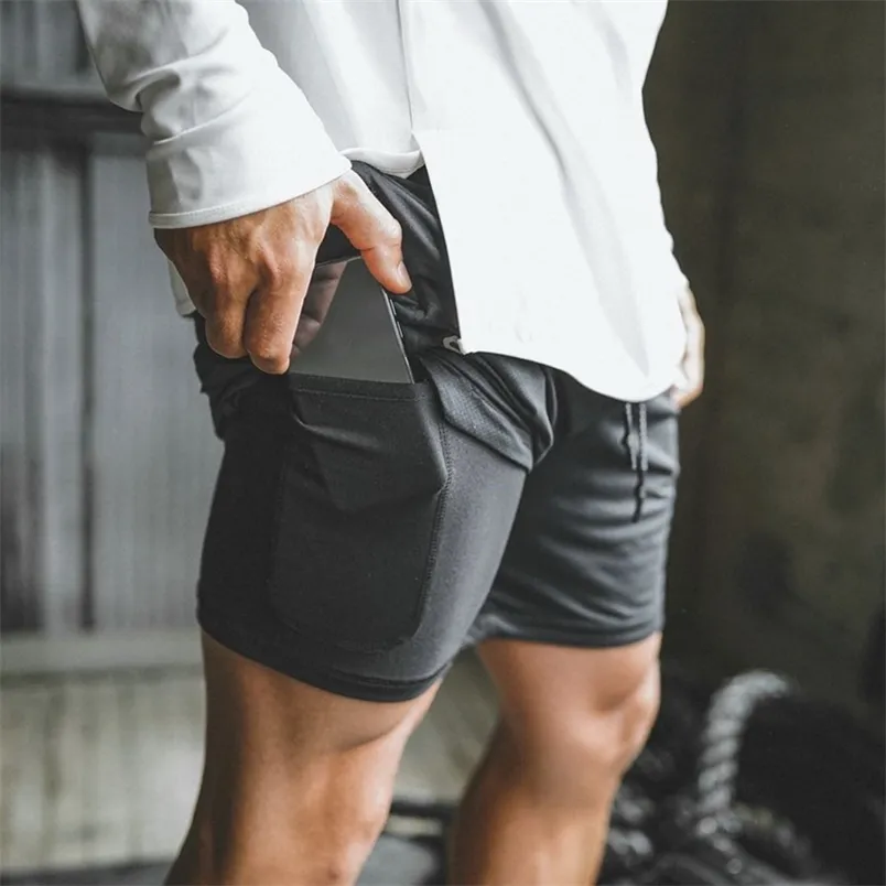 Herren-Shorts mit sicheren Taschen, 2-lagig, für Workout, Fitness, elastischer Bund, kurz, schnell trocknend, atmungsaktiv, 2-in-1-Jogger-Shorts 210629