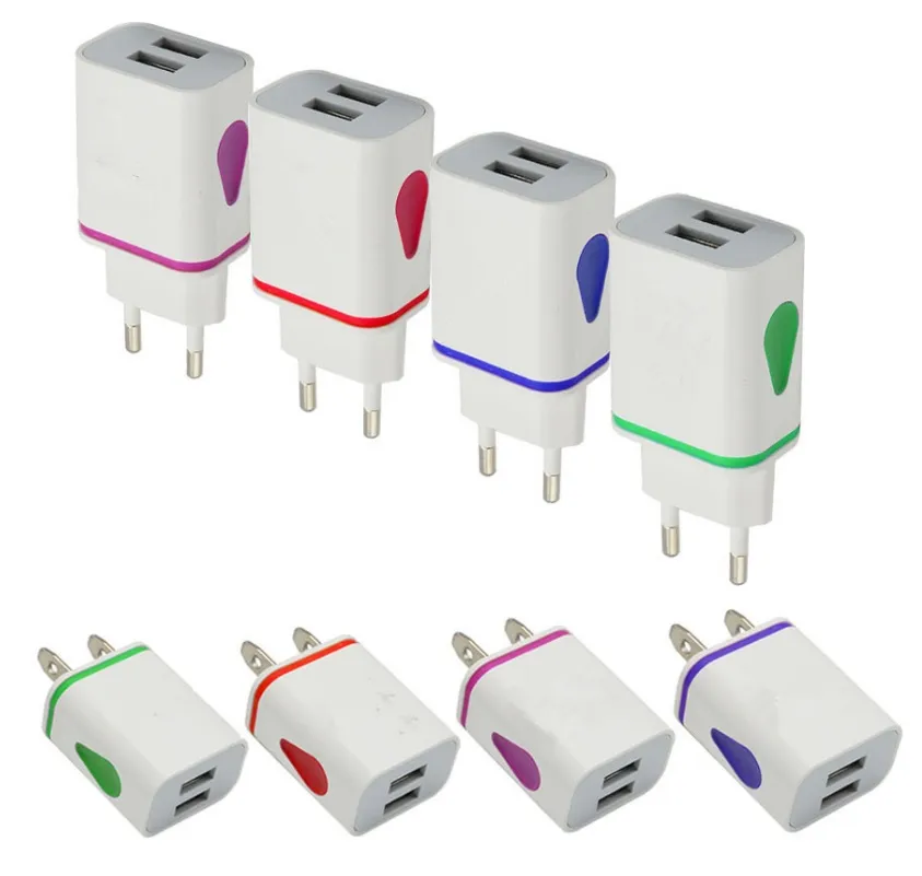 Flash Light Dual USB-portar Universal US EU: s AC Home Wall Charger Adapter Power 2.1a + 1a för Samsung Not10 S10 S9 Note9 Note8 HTC Xiaomi