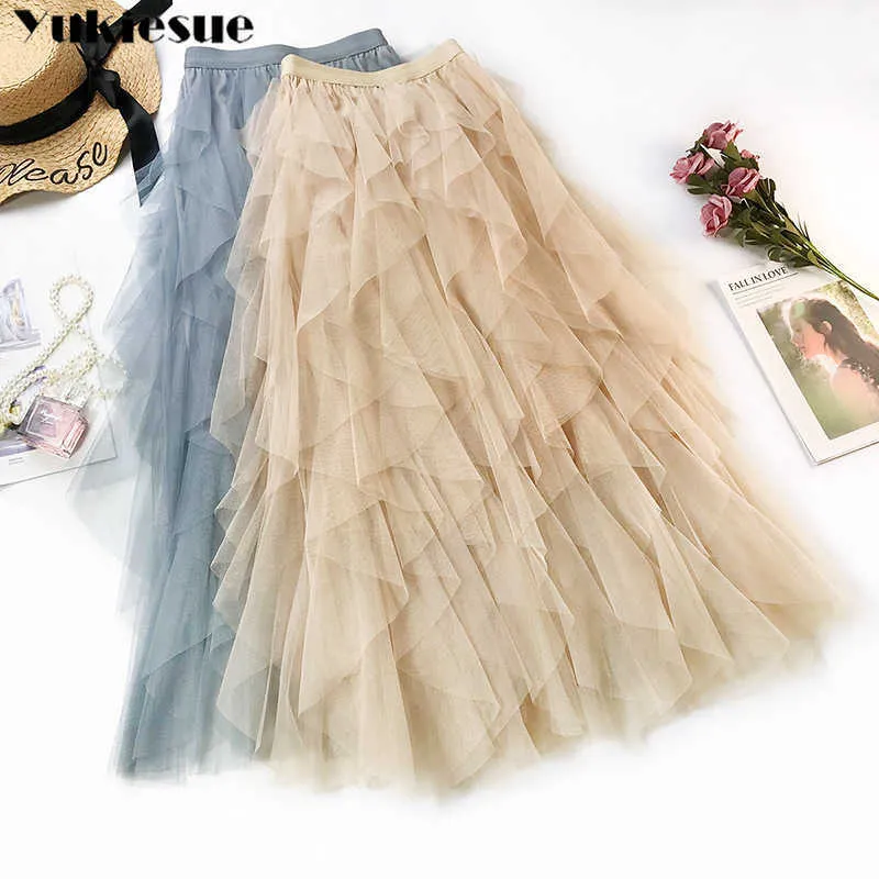 Chic irregular malha saia mulheres primavera outono multi-camada tutu bolo macio ruffled longo tulle feminino s 210608