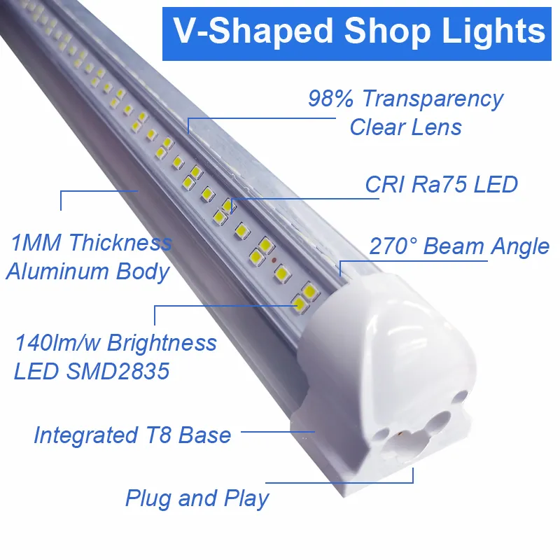 Super Bright 8FT LED led shop lights Fixture V Shape V Output Integrated Bulbs 25 Pack for Garage Warehouse 6500K High Output US Stock