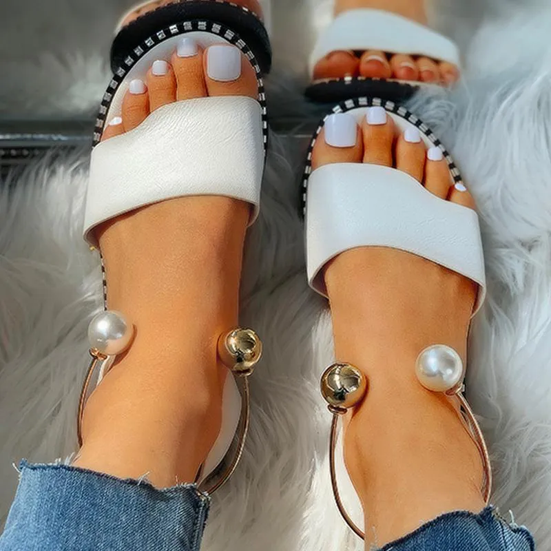 Sandaler Sandalias Femininas Sommar Använd Mjuka Casual Kvinnor Skor Beaded Ankel Ring Slingback Flat