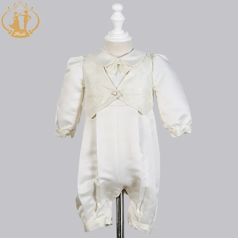 Nimble Baby Chrotening Suknie Satin Formalna okazja Boys Romper Noworodki Ubrania Kości Ivory Dzieci Chrzest Suknie 0-12m 210309