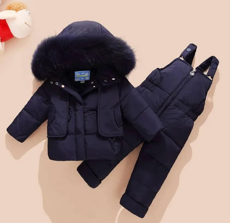 Coat Barnkläder Kids Down Jacka Baby Girl Boy Fur Hooded Parkas + Bib Byxor Jumpsuit Kläder Vinter Snowsuits