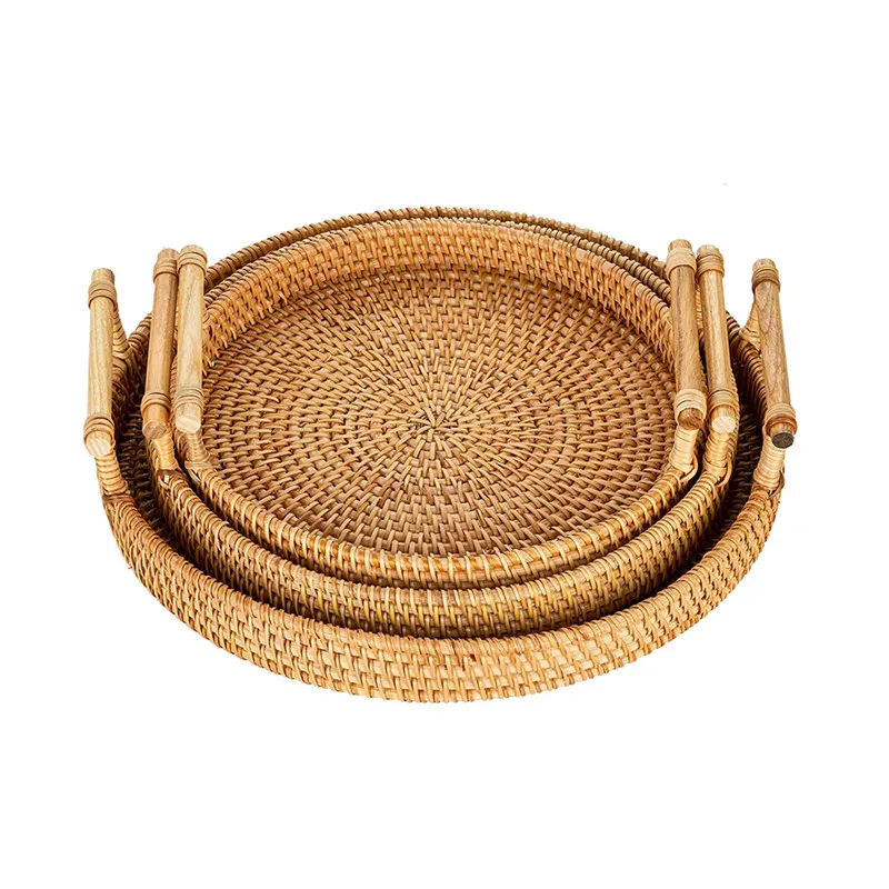 Rattan vävd rund korg runda servering cracker bricka med handtag för bröd frukt grönsaker restaurang servering middagspartier tabletop display korgar