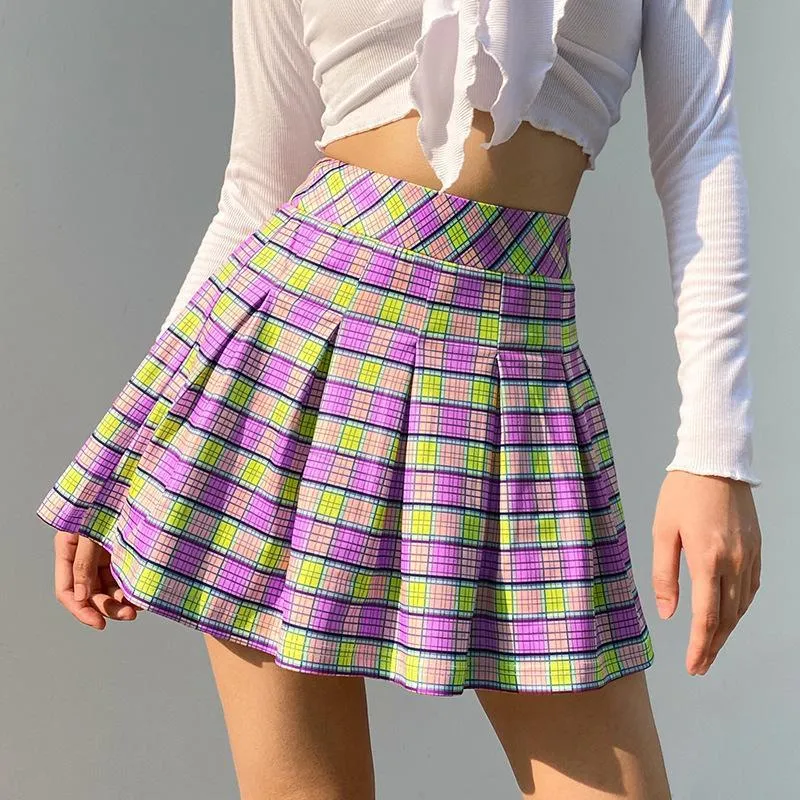 Spódnice 2021 Trend mody kobiety Wysoka talia Plaid Mini spódnica panie Stylowe swobodne luźne, szczupłe plisowane pośladki codzienne zużycie