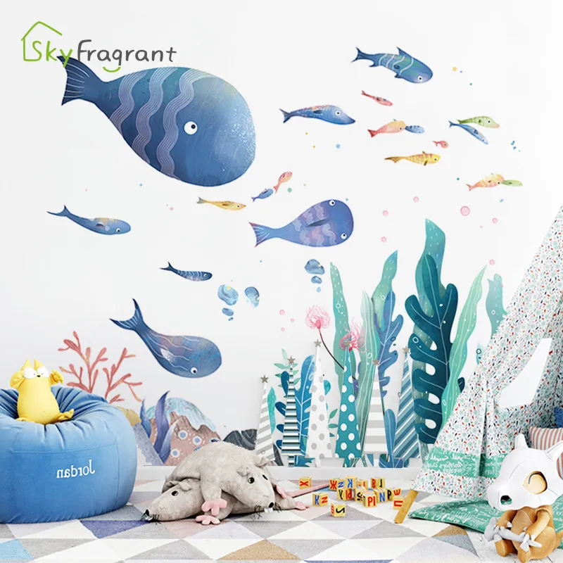 Karikatür Sualtı Dünya Duvar Sticker Okyanus Sevimli Balık Çocuk Odası Dekorasyon Çıkartmalar Banyo Kendinden Yapışkanlı Ev Yatak Odası Dekorasyonu 210308