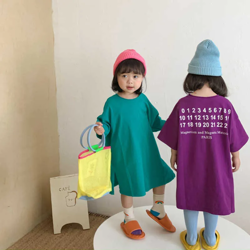 Été mignonne girls manches courtes robe fendue style coréen enfants décontracté long T-shirt robes 210615