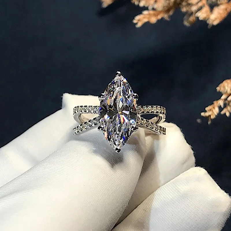 Elegante Marquise Cut 3ct Lab Diamond Ring Sterling Sier Bijou Engagement Wedding Band Ringen voor Vrouwen Bruidsfeest Sieraden