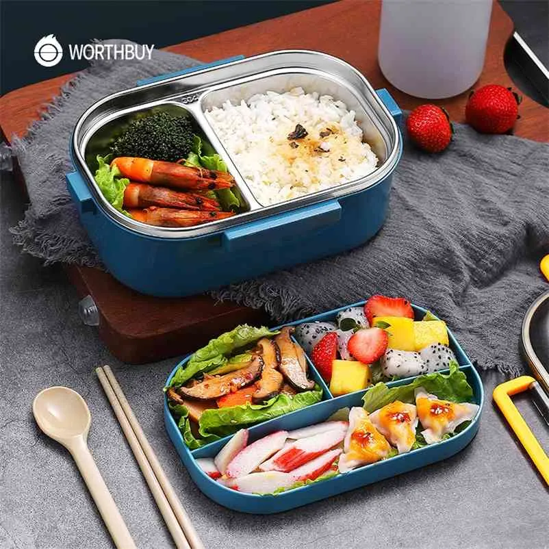 Worthbuy japonês 18/8 lancheira de aço inoxidável para crianças escola de vazamento à prova de vazamento caixa de bento com compartimento armazenamento de recipiente de alimentos 210818