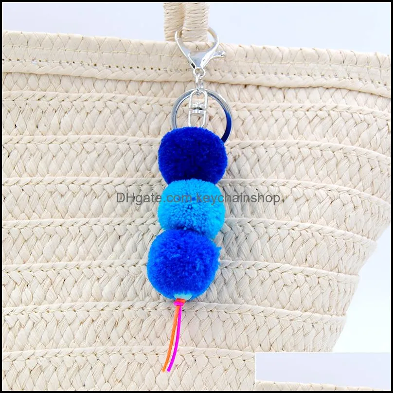 1pc Gradient Color Ball Keychains Pompon Keyring Charm Women Bag Pendant Summer Jewelry