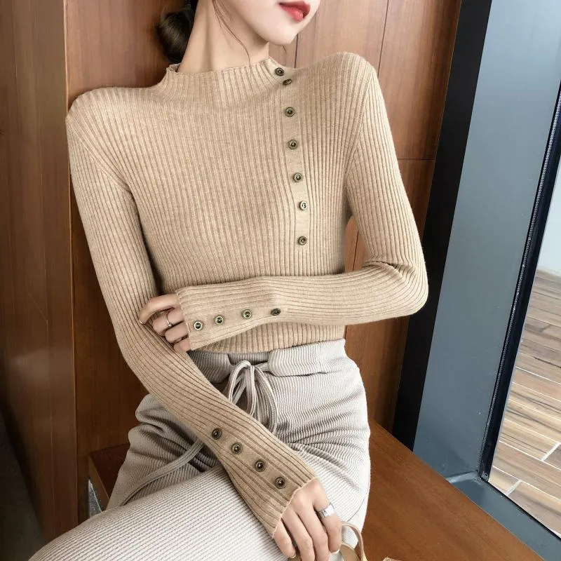 Women's Sweaters Womens 2021 Winter Tops Turtleneck Sweater Button Pullover Jumper Knitted Pull Femme Hiver Truien Dames