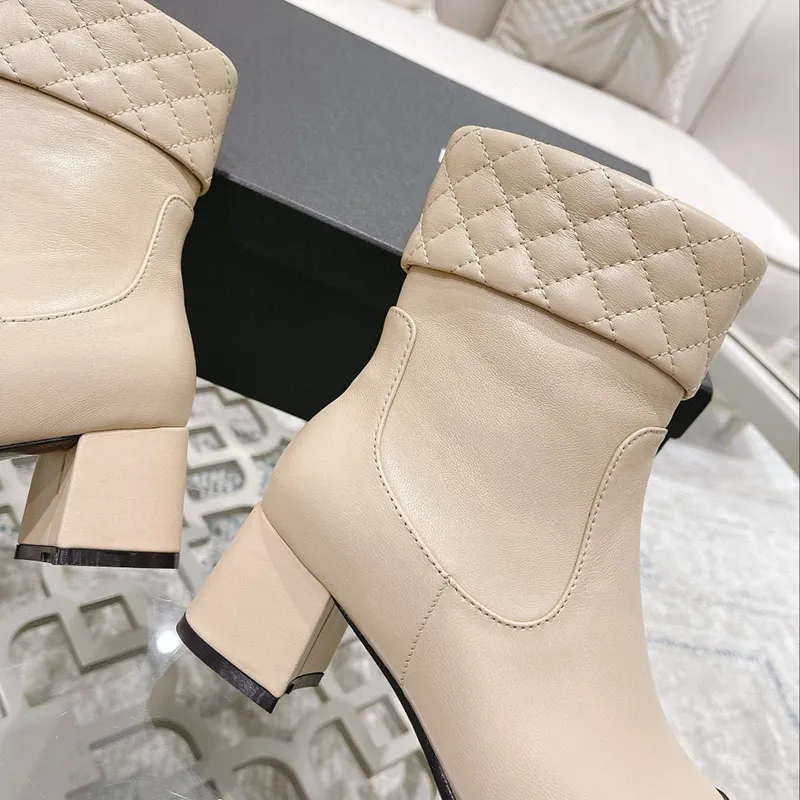 2021 Autumn Winter Classics Chunky Heel Women Boots High Heels Genuine Leather Stitching Luxury Designer Ankle Boot Zip  Booties