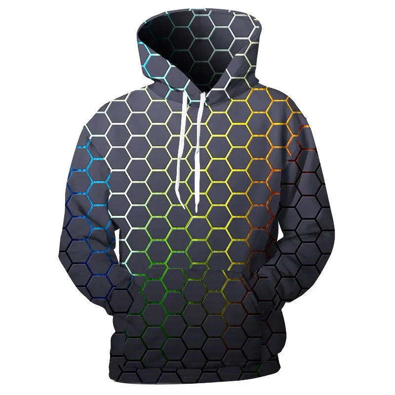 YOUTHUP Mens 3D Geometric Print Hooded Sweatshirt For Men