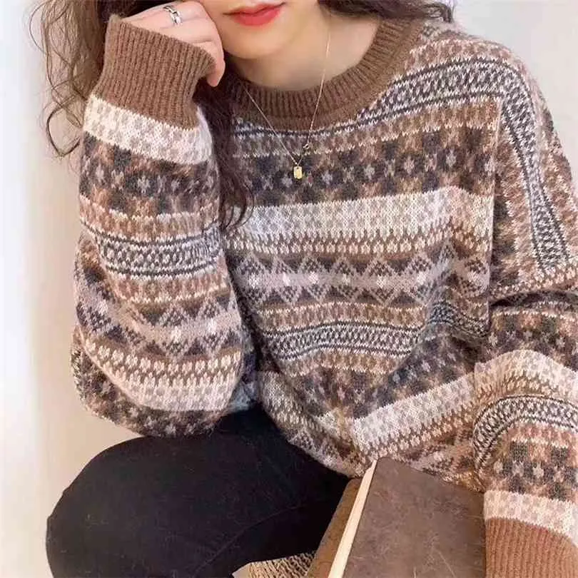 Hong Kong Style Retro Sweater Schoolgirl Korean Loose Winter Lazy Wind Plus Size 210922