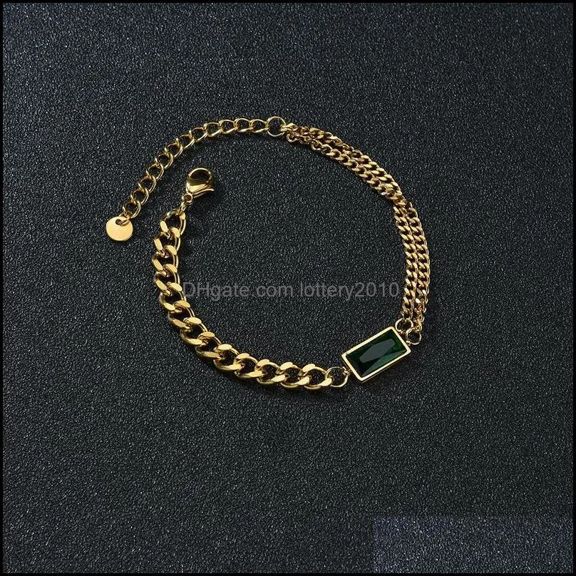 Green Stone Titanium Stainless Steel Punk Thick Crystal Bracelet Simple Gold Silver Color Chunky For Women Jewelry Link, Chain