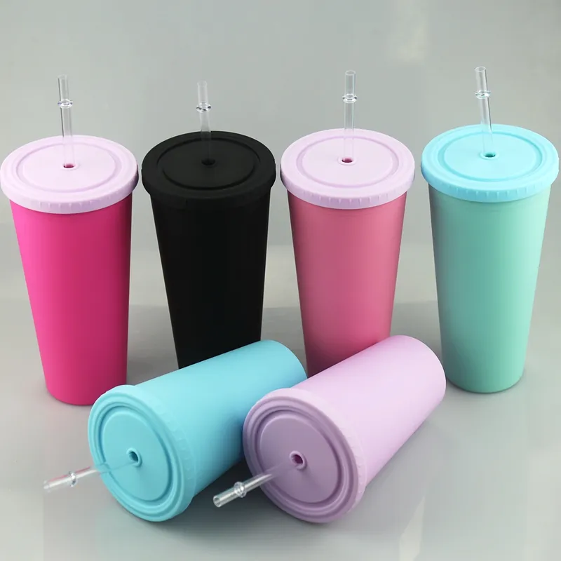 16oz Acryl Skinny Tumblers Matte Kleuren Plastic Cup met gekleurd deksel en stro dubbele wand Waterfles BPA Gratis Drank dranken Cups