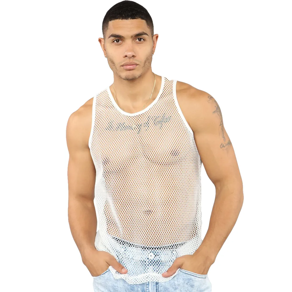 Uomo Estate Sexy Sheer Mesh Canotte Club See-through Fishnet Slim Fit Tank Vest Maschile Gym Muscle Tanks Top Tee Costumi