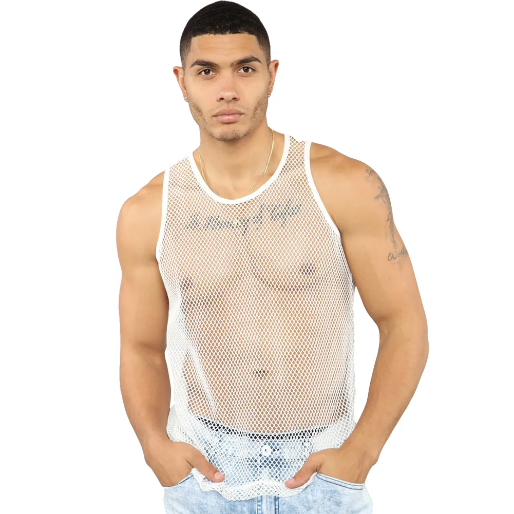 Hommes été Sexy maille transparente débardeurs Club transparent résille Slim Fit réservoir gilet mâle gymnastique Muscle débardeurs hauts t-Costumes