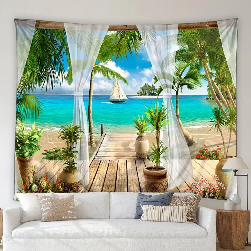 Taquestres 3d cenário oceano tapeçaria praia cachoeira palmeira planta planta castelo gaivota sala de estar parede pendurada no quarto mural