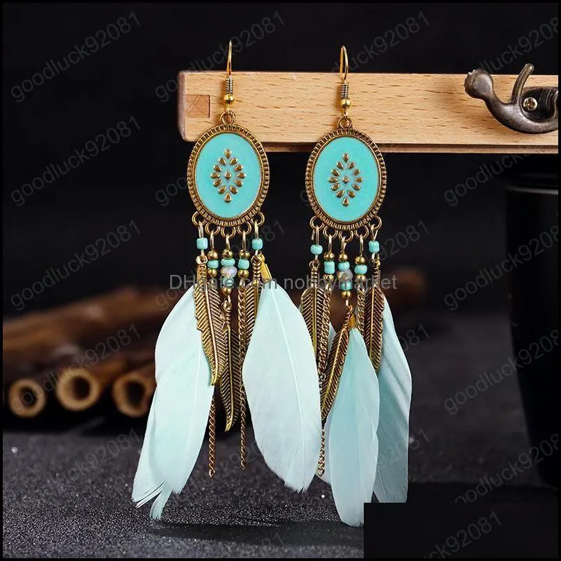 Explosion earrings European and American fashion jewelry creative oval long tassel feather earrings retro chain rice beads earrings