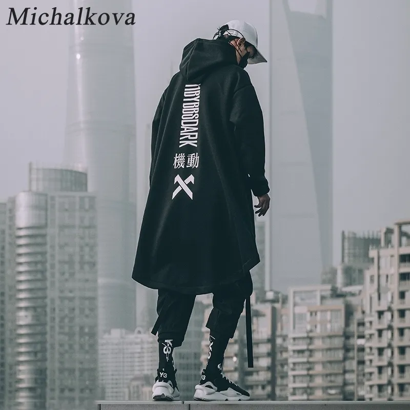 Michalkova 일본 스웨트 망 대형 후드 롱 망토 힙합 고딕 양식의 Outwear Streetwear 코트 하라주쿠 스타일 남성 탑 201113