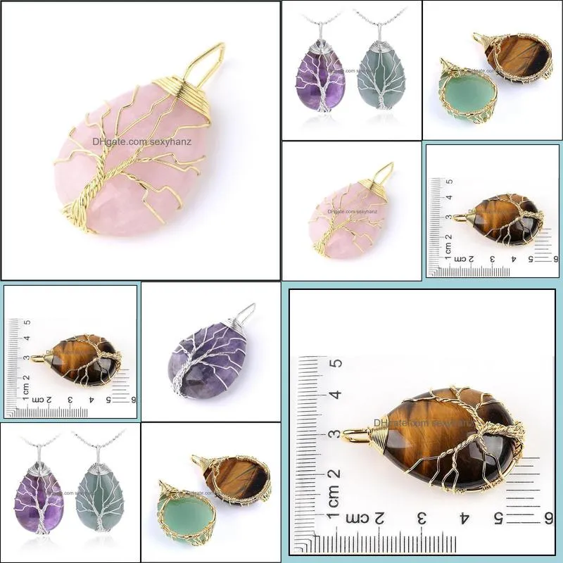 Pendant Necklaces Wire Wrapped Tree Of Life Natural Gemstone Teardrop Necklace Healing Crystal Chakra Jewelry For Women - Amethyst