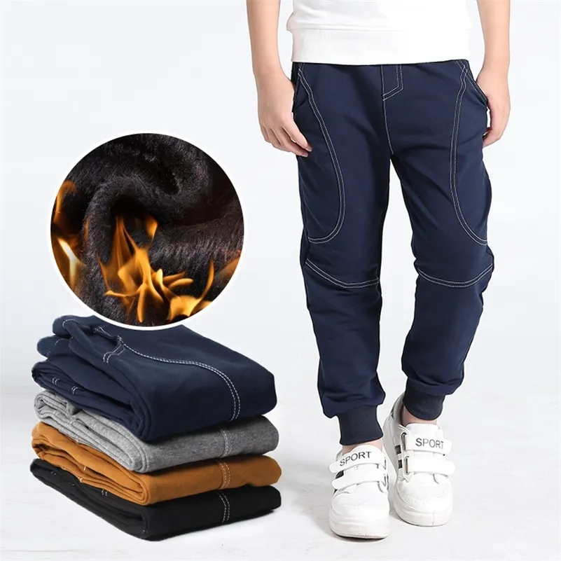 Winter Teenager Jungen Warme Dicke Hosen Baumwolle Taschen Kinder Sport Fleece Gefüttert Hosen Für Jungen Herbst 6 8 10 12 jahre Kinder Kleidung 210306