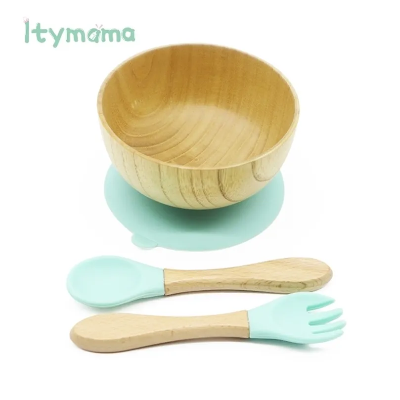 Baby Feeding Bowl Dinner Plate Wooden Kids Dinnerware With Silicone Suction Cup Fork Spoon Children's Dishes 211026