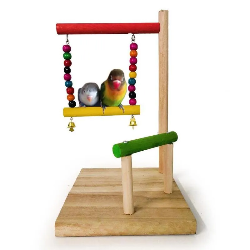 Andra fågeln levererar färgglada trä papegoja hängande swing bell leksak abborre stativ bar pärlor husdjur bur dekor fåglar spelar plattform för