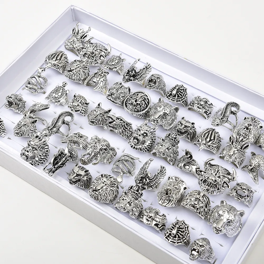 50pcs wiele Pierścienie zwierząt Vintage punk gotycka mix smok Wolf Tiger Dog Lion Owl Mix Style metal biżuteria dla mężczyzn Women269s