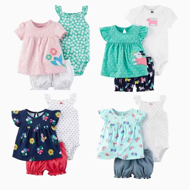 Infantil Baby Girl Roupas Set verão Macio algodão nascido tops + bodysuits + shorts 3 pcs ternos bebê ropa de bebe 210816