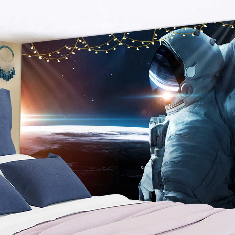 Spaceman astronauta ściana wisząca gobelin psychodeliczna poliestry drukowane z gobelinami dla dzieci sypialnia tło wystrój ściany dywan 210609